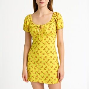 With Jean Loretta Cherry Puff Sleeve Mini Dress Women’s Size XS Yellow Cottageco